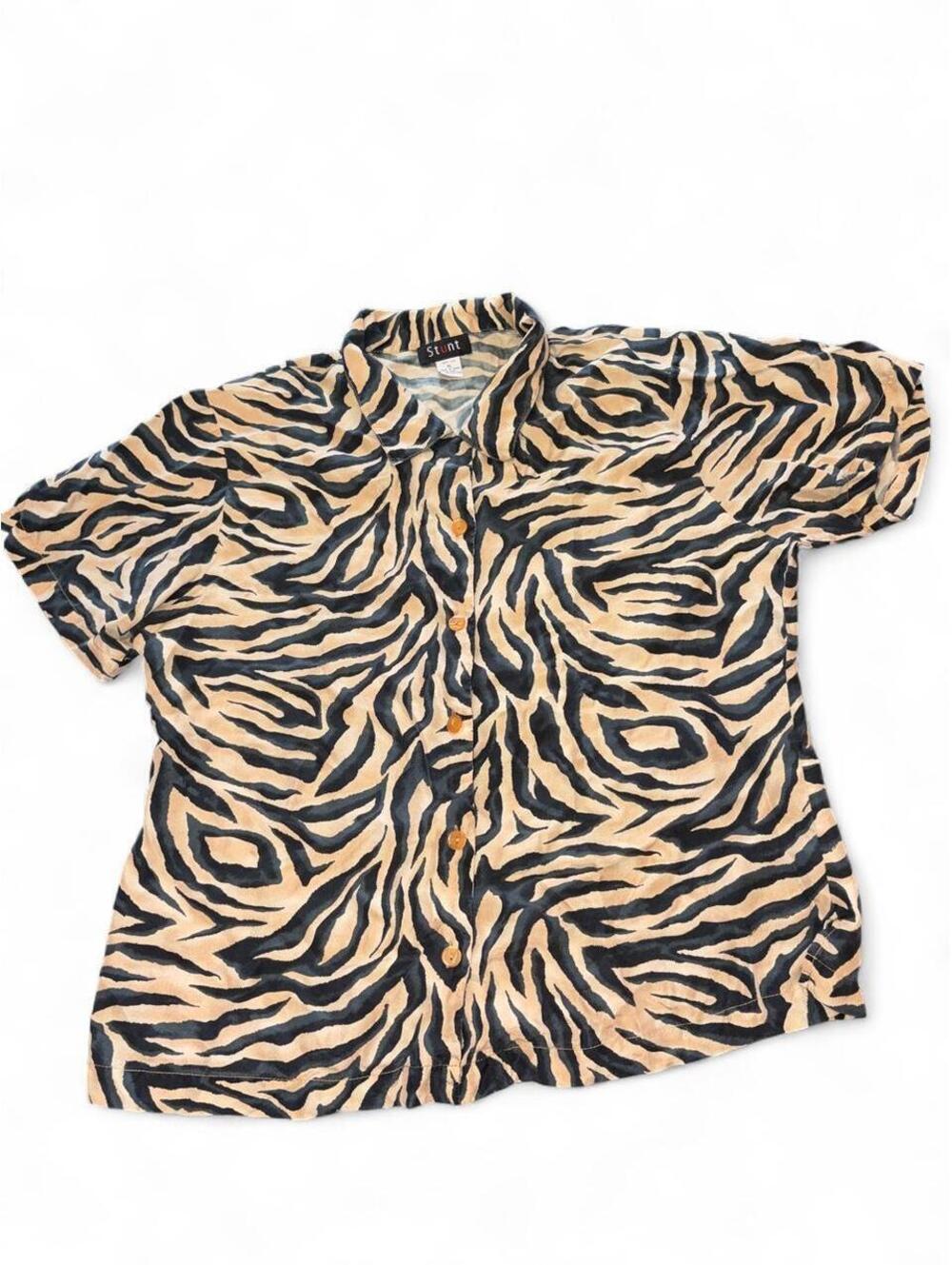 Vintage STUNT 100% Silk Zebra Tiger Animal Print Button Down